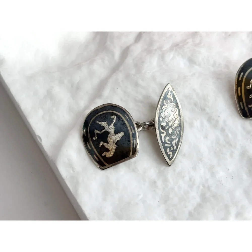 Siam Sterling Cufflink Black Horseshoe Nielloware Vintage Thai Made 925 Earrings